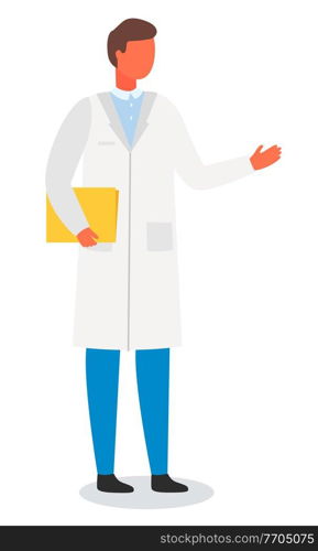 Male scientist, chemist or doctor is standing in white coat with a yellow folder for documents in his hands. The male points a hand. Researcher, doctor, laboratory assistant. Flat vector image. Scientist, laboratory assistant or doctor in a white coat with a folder. Flat vector image