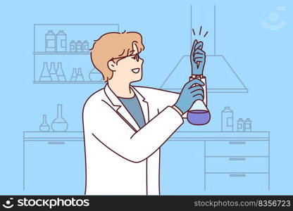 Male scientist make experiments with tube in laboratory. Man researcher in white uniform experiment in lab. Biology and science. Vector illustration.. Male scientist make experiments in lab
