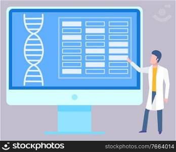 Male scientist or doctor medical report on big screen or monitor. Nanotechnology DNA helix structure science concept. Genome studies vector illustration. Medical Report DNA Helix Structure on Monitor
