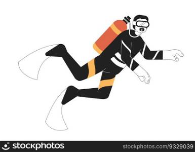 Male scuba diver swimming underwater monochromatic flat vector character. Snorkeling man. Diving class. Editable thin line full body person on white. Simple bw cartoon spot image for graphic design. Male scuba diver swimming underwater monochromatic flat vector character