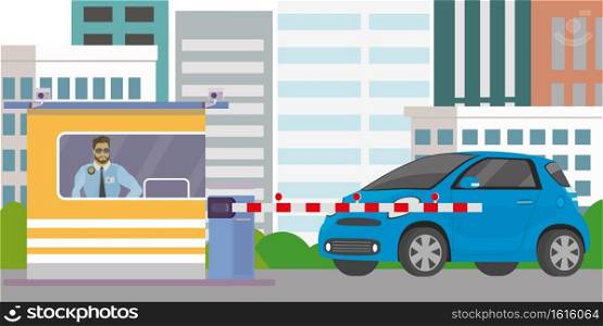 Male security guard in cabin,gate with barrier and blue car,city view on background,Flat vector illustration.