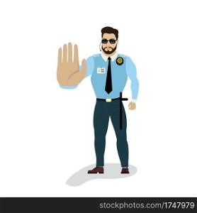 Male security guard show Stop hand gesture, uniformed officer or protective agent ,Isolated on white background,Flat vector illustration