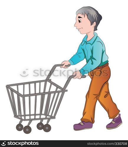 Male Shopper Pushing a Shopping Cart, vector illustration