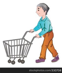 Male Shopper Pushing a Shopping Cart, vector illustration