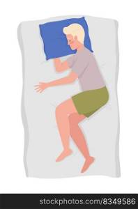 Male side sleeper with arm under pillow 2D vector isolated illustration. Man relaxing on bed flat character on cartoon background. Colourful editable scene for mobile, website, presentation. Male side sleeper with arm under pillow 2D vector isolated illustration