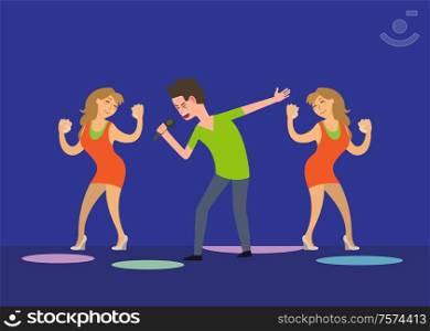 Male singer and dancing girls fan dancers in club vector. Man holding microphone expressing himself, musician giving performance star clubbing party. Male Singer and Dancing Girls Fan Dancers in Club