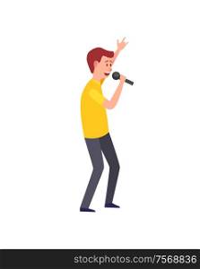 Male singing, musician giving performance isolated vector. Man performer entertaining, funny character holding microphone. Vocalist with mike mic. Male Singing, Musician Giving Performance Isolated
