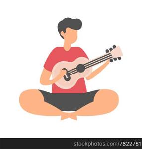 Male sitting on floor and playing guitar isolated cartoon character. Vector friend play on music instrument, young musician flat style, handsome performer. Male Sitting on Floor and Playing Guitar Isolated