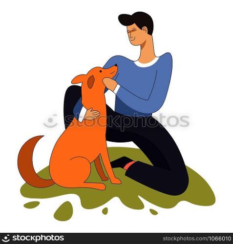 Male sitting on grass lawn with domestic animal dog pet and owner vector person playing with doggy outdoors care and love to mammal human with canine summer days puppy and man touching purebred.. Male sitting with domestic animal dog pet and owner