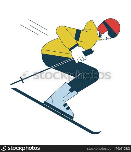 Male skier with poles on skis flat line color vector character. Editable outline full body person on white. Winter sport athlete skiing down simple cartoon spot illustration for web graphic design. Male skier with poles on skis flat line color vector character
