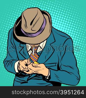 Male smoker pop art retro style. A man lights a cigarette. Health and bad habits. Male smoker pop art retro style