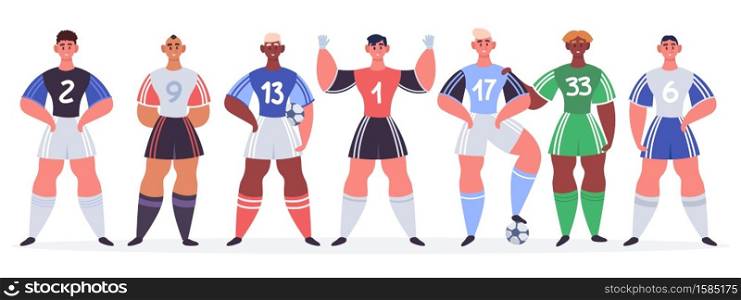 Male soccer team. Football players stand in row, football professional sportsmen characters goalkeeper, striker, defender vector illustration set. Men in uniform with ball, championship. Male soccer team. Football players stand in row, football professional sportsmen characters goalkeeper, striker, defender vector illustration set