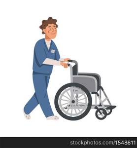 Male social worker or nurse pushing empty wheelchair. Nursing home. Senior people flat Vector illustration. Male social worker or nurse pushing empty wheelchair. Nursing home. Senior people flat Vector illustration.