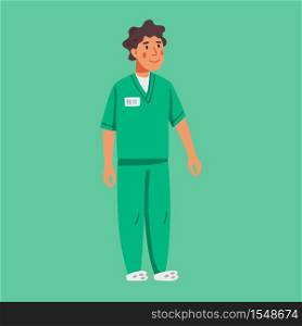 Male social worker or nurse wearing a green uniform on a green background. Man medical worker. Flat style Vector illustration. Male social worker or nurse wearing a green uniform on a green background. Flat style Vector illustration.