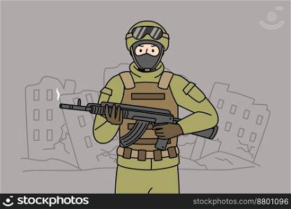 Male soldier in uniform hold rifle stand on city ruins. Serviceman in helmet with weapon in hands protect country from war and invasion. Vector illustration. . Soldier with weapon in ruined city