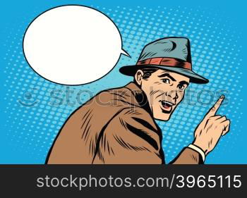 Male spectator witness pop art retro style. A man shows a finger. Index. Male spectator witness