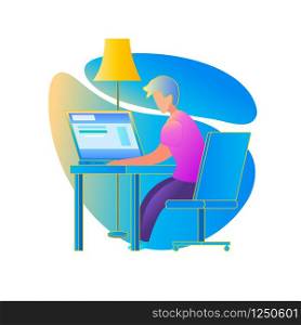 Male Student Character Studying at Home Sitting at Table with Laptop. Domestic Interior Background. University, College Infographics. Distance Online Learning. Flat Vector Gradient Illustration.. Male Student Character Study at Home Via Internet