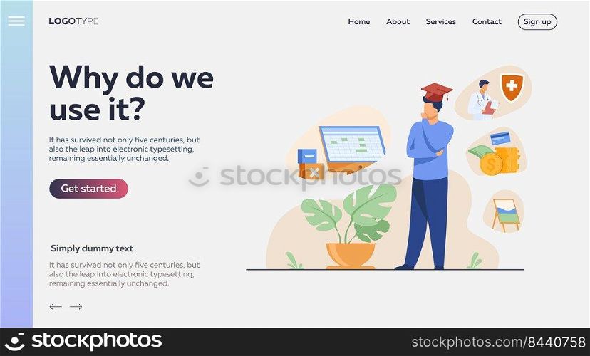 Male student choosing program in college. Young man in graduation cap thinking over future occupation. Vector illustration for opportunities, career advisor, choice concept