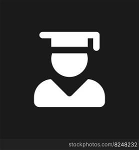 Male student dark mode glyph ui icon. Graduate. Alumnus of college. User interface design. White silhouette symbol on black space. Solid pictogram for web, mobile. Vector isolated illustration. Male student dark mode glyph ui icon
