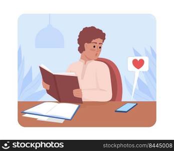 Male student distracted by social media 2D vector isolated illustration. Engrossed teenager flat character on cartoon background. Colourful editable scene for mobile, website, presentation. Male student distracted by social media 2D vector isolated illustration