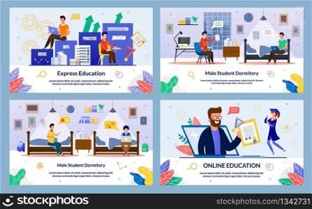 Male Student Dormitory, Online Education, Flat. Express Education. Guys Evening Sit on Chairs and Beds Male Dormitory and Work on Laptops. Girl Happy to Graduate. Vector Illustration.