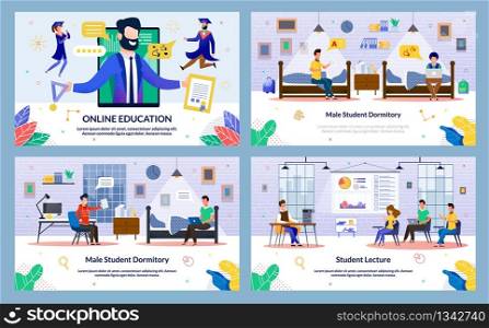 Male Student Dormitory, Student Lecture, Slide. Set Online Education. Screen Tablet, Bearded Man Holds Medal and Diploma his Hands, Guy and Girl are Flying next. Vector Illustration.