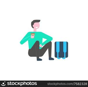 Male student drinking coffee sitting on floor vector isolated person. College learner with backpack having break, teenager in green sweater and trousers. Male Student Drinking Coffee Sit on Floor Vector