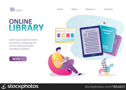 Male student sitting at chair and reading e-book or tablet pc. Online library or bookstore landing page template. Electronic books,textbooks and e-learning. Trendy flat vector illustration. Male student sitting at chair and reading e-book or tablet pc. Online library or bookstore landing page template.