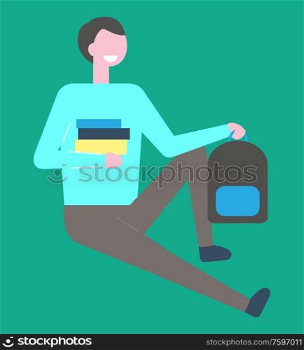 Male student sitting on floor with pile of books and backpack, vector isolated person. College learner having break, teenager in green sweater and trousers. Male Student Sitting on Floor with Pile of Books