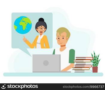 Male Students is watching the lecture on the Internet. Homeschooling characters. Online education concept. Social distancing ,flat vector cartoon character illustration.