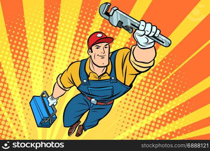 Male superhero plumber with a wrench. Hand drawn illustration cartoon pop art retro vector style. Male superhero plumber with a wrench