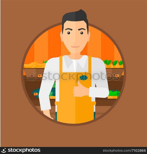 Male supermarket worker giving thumb up while standing on the background of shelves with vegetables and fruits in supermarket. Vector flat design illustration in the circle isolated on background.. Friendly supermarket worker.