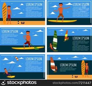 Male surfer character riding on waves in sea. Vector illustration in flat design. Summer vacation flyer set. Male surfer riding on waves in sea