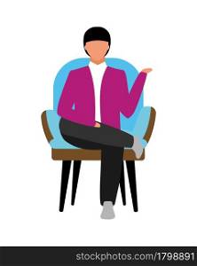 Male talk show host semi flat color vector character. Sitting figure. Full body person on white. Television presenter isolated modern cartoon style illustration for graphic design and animation. Male talk show host semi flat color vector character