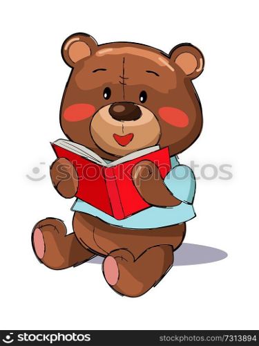 Male teddy-bear reading red book vector illustration of stuffed bear toy with pink cheeks isolated on white background, present for Valentines Day. Male Teddy-Bear Reads Red Book Vector Illustration