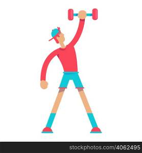 Male teenager holding dumbbell under head semi flat color vector character. Posing figure. Full body person on white. Simple cartoon style illustration for web graphic design and animation. Male teenager holding dumbbell under head semi flat color vector character
