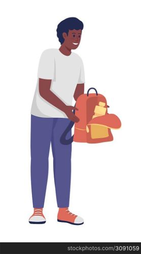 Male teenager holding opened backpack semi flat color vector character. Standing figure. Full body person on white. Simple cartoon style illustration for web graphic design and animation. Male teenager holding opened backpack semi flat color vector character