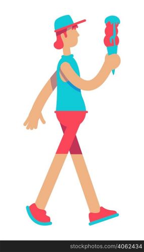 Male teenager with ice cream semi flat color vector character. Eating sweet good. Walking figure. Full body person on white. Simple cartoon style illustration for web graphic design and animation. Male teenager with ice cream semi flat color vector character