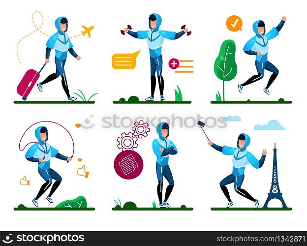 Male Teenager, Young Man Summer Time Activities Trendy Flat Vector Isolated Concepts Set. Active Guy Going on Travel with Baggage Bag, Doing Fitness Exercises, Shooting Selfie in Journey Illustrations