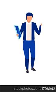 Male television presenter with tablet semi flat color vector character. Full body person on white. Hosting TV show isolated modern cartoon style illustration for graphic design and animation. Male television presenter with tablet semi flat color vector character