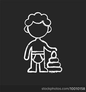 Male toddler chalk white icon on black background. 1-2 years old. Child development. Preschooler. Early childhood. Physical growth. Learning through play. Isolated vector chalkboard illustration. Male toddler chalk white icon on black background