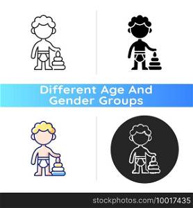 Male toddler icon. 1-2 years old. Child development. Preschooler. Early childhood. Physical growth. Learning through play. Linear black and RGB color styles. Isolated vector illustrations. Male toddler icon