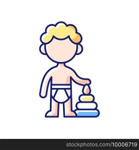 Male toddler RGB color icon. 1-2 years old. Child development. Preschooler. Early childhood. Learning through play. Gaining muscle control, balance and coordination. Isolated vector illustration. Male toddler RGB color icon