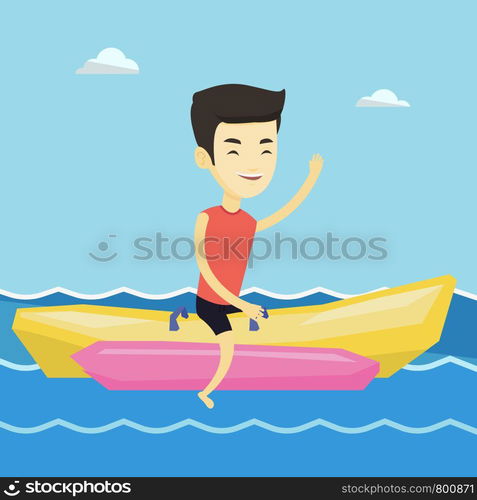 Male tourists riding a banana boat and waving hand. Young happy asian man having fun on banana boat in the sea. Man enjoying his summer vacation. Vector flat design illustration. Square layout.. Tourists riding a banana boat vector illustration.