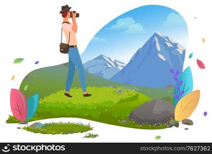 Male traveler in hat taking photo of mountain view. Man holding camera. Young guy hiking. Capture beautiful landscape. Recreation vector illustration. Mountain tourism. Flat cartoon. Man Taking Photo of Mountain View Vector Image