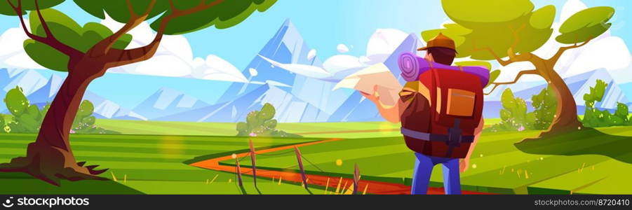 Male traveler with map and backpack looking at beautiful mountain landscape, cartoon vector illustration. Tourist goes hiking, searching way to destination. Enjoying adventure trip on summer vacation. Male traveler with map looking mountain landscape