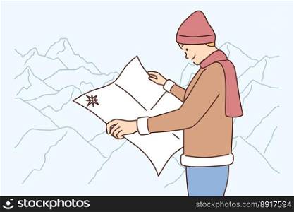 Male traveler with paper map navigate in mountains. Man tourist hiking or trekking in highland landscape. Travel and tourism. Vector illustration. . Male traveler with map in mountains 