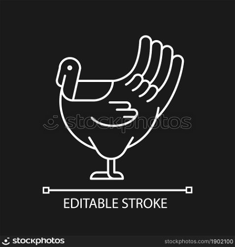 Male turkey linear icon for dark theme. Commercial poultry farming for food. Thanksgiving dinner. Thin line customizable illustration. Isolated vector contour symbol for night mode. Editable stroke. Male turkey linear icon for dark theme
