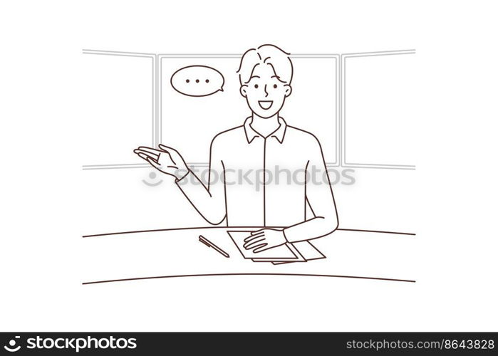 Male TV presenter with speech bubble above talking in studio. Man news reporter or journalist at workplace. Live broadcast on television. Vector illustration. . Male TV presenter in studio 