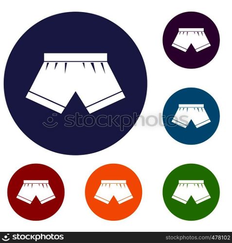 Male underwear icons set in flat circle red, blue and green color for web. Male underwear icons set